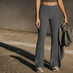 Joah Brown Ribbed Cropped Flare Pants in Charcoal Gray